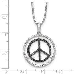 White Night Sterling Silver Rhodium-plated Black and White Diamond Peace Sign 18 Inch Necklace with 2 Inch Extender