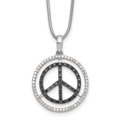 White Night Sterling Silver Rhodium-plated Black and White Diamond Peace Sign 18 Inch Necklace with 2 Inch Extender