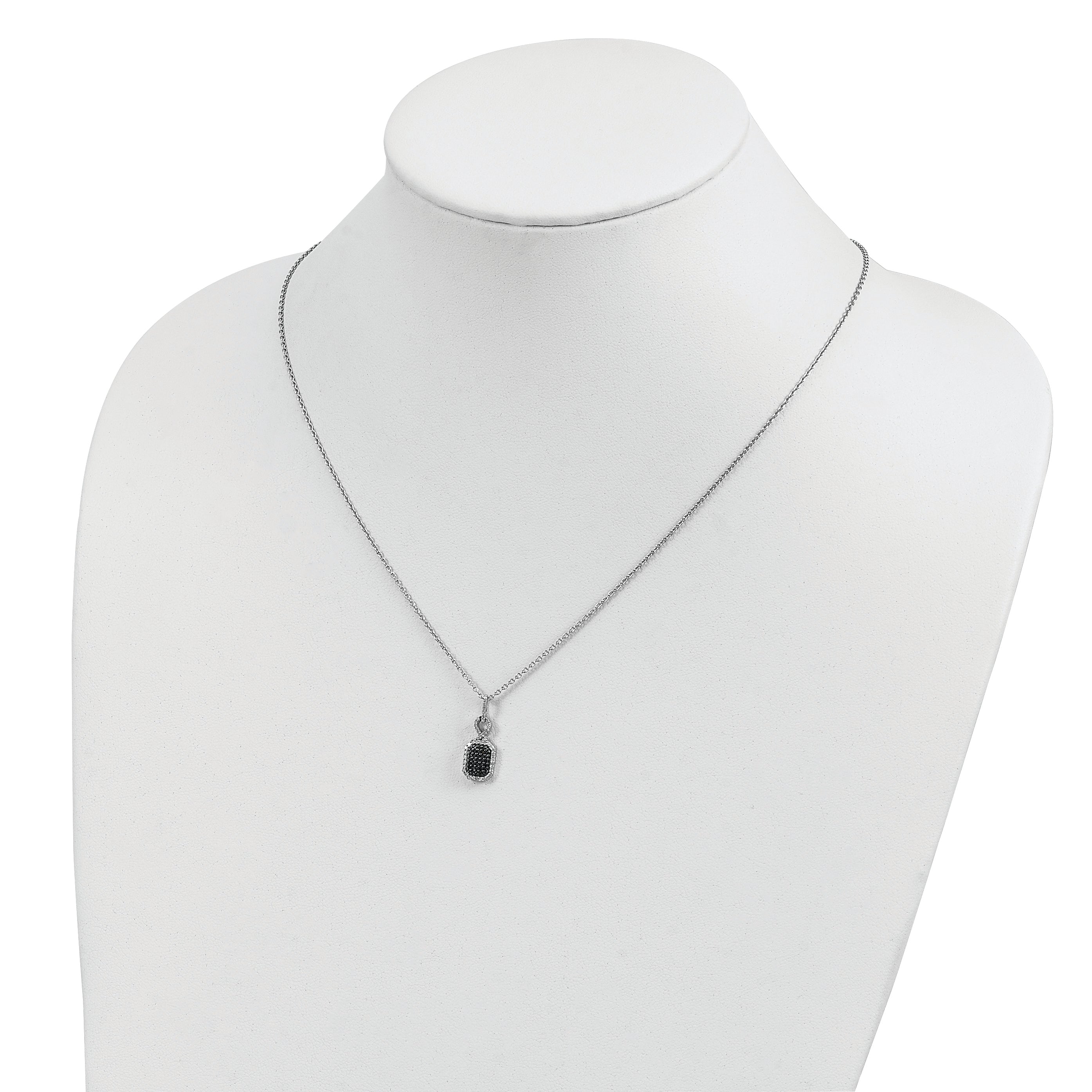 White Night Sterling Silver Rhodium-plated Black and White Diamond Rectangle Pendant 18 Inch Necklace with 2 Inch Extender