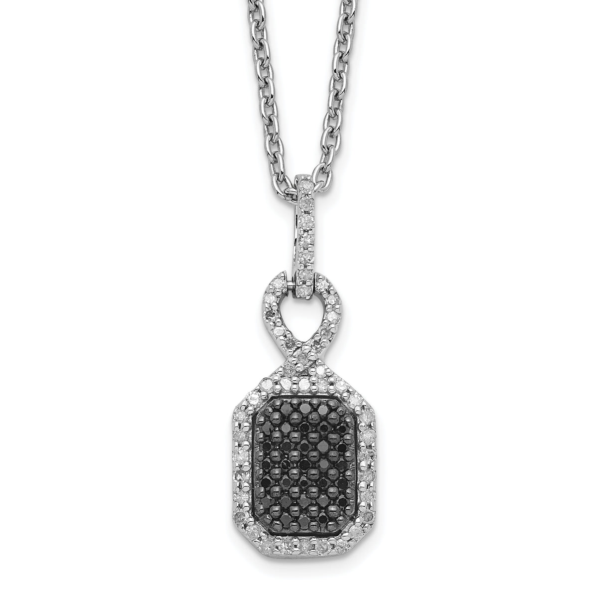 White Night Sterling Silver Rhodium-plated Black and White Diamond Rectangle Pendant 18 Inch Necklace with 2 Inch Extender