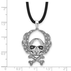 White Night Sterling Silver Rhodium-plated Black and White Diamond Skull 18 Inch Rubber Cord Necklace