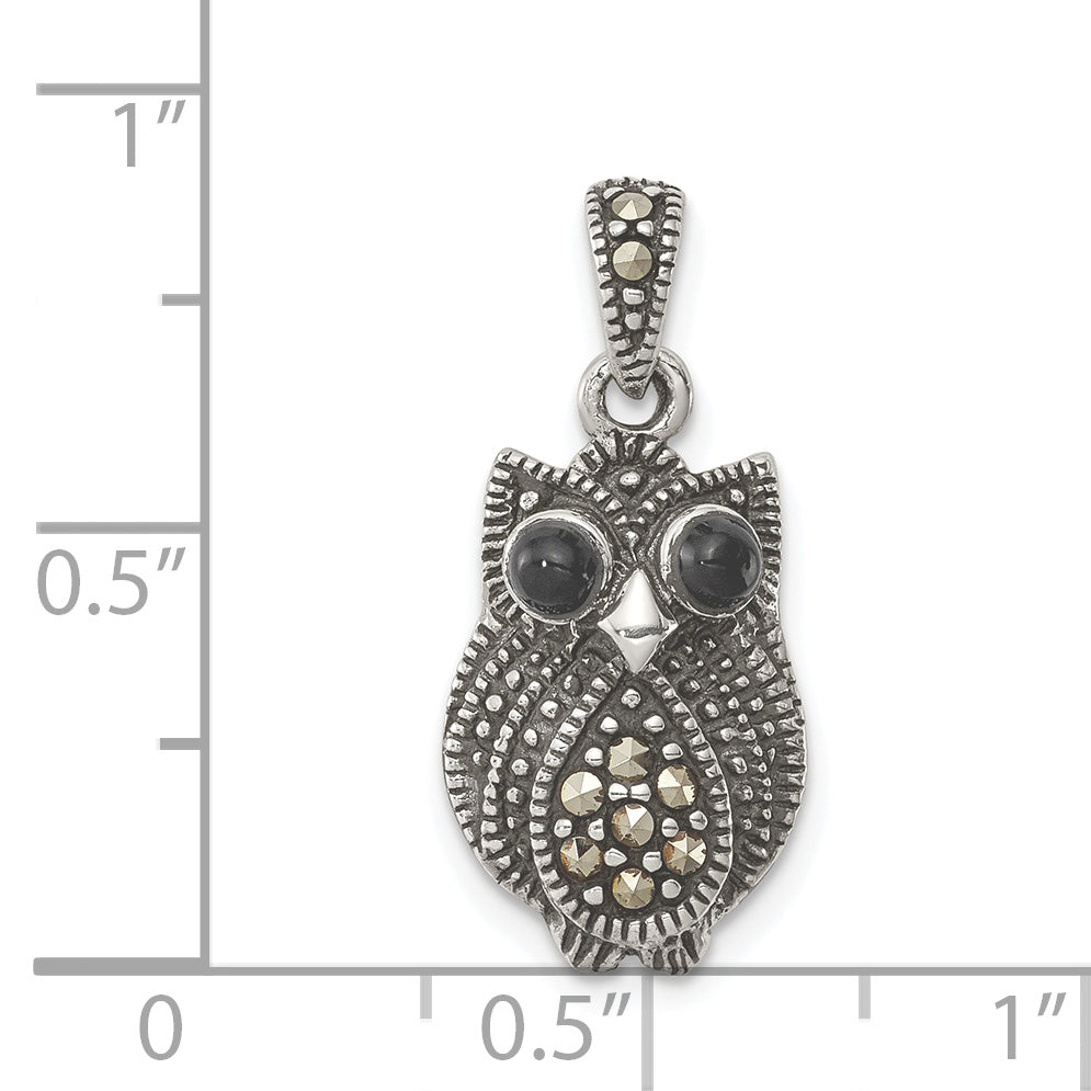 Sterling Silver Marcasite & Black Agate Owl Pendant