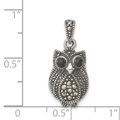 Sterling Silver Marcasite & Black Agate Owl Pendant