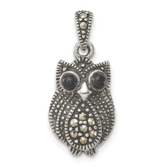 Sterling Silver Antiqued Marcasite and Black Agate Owl Pendant