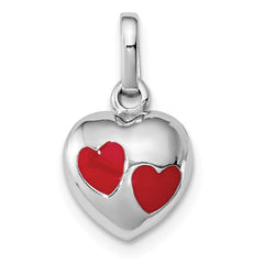 Sterling Silver RH-plated Polished Red Enameled Hearts Children's Pendant