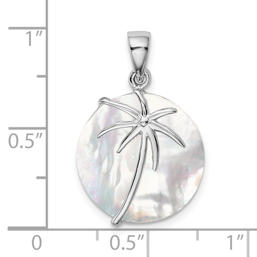 Sterling Silver Rhodium-plated Polished MOP Palm Tree Round Pendant