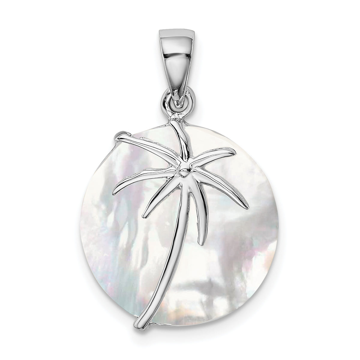 Sterling Silver Rhodium-plated Polished Round Mother of Pearl Palm Tree Pendant