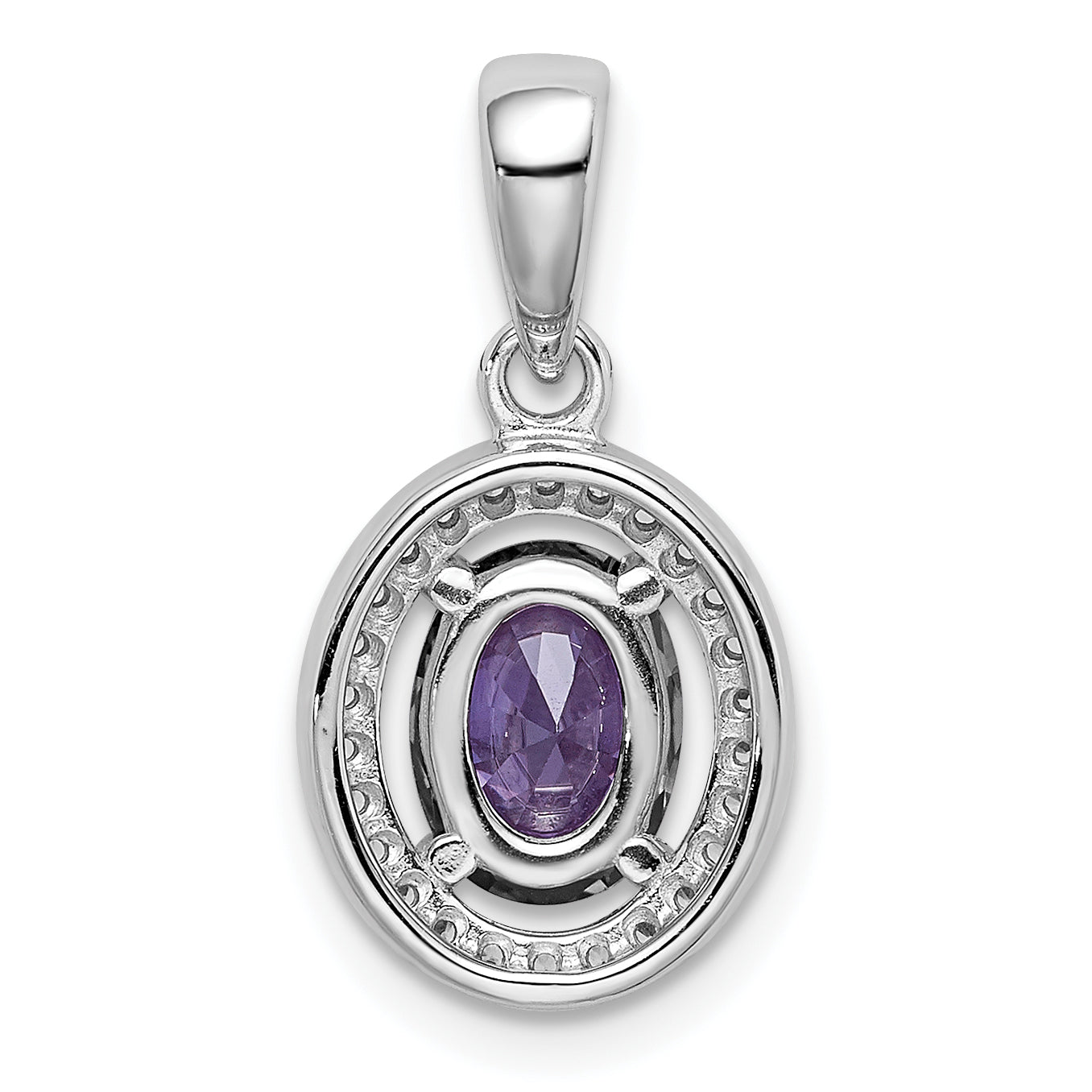 Sterling Silver Rhodium-plated w/ Purple & White CZ Oval Pendant