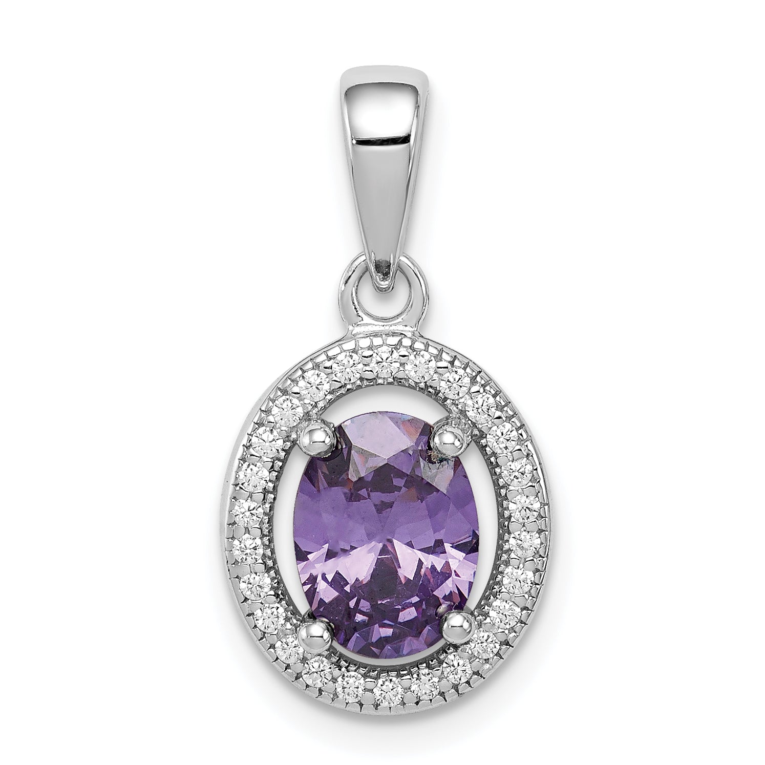 Sterling Silver Rhod-plated w/ Purple and White CZ Oval Pendant