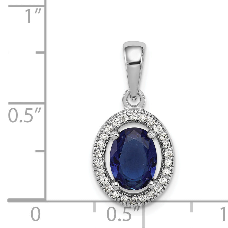 Sterling Silver Rhodium-plated w/ Dark Blue & White CZ Oval Pendant