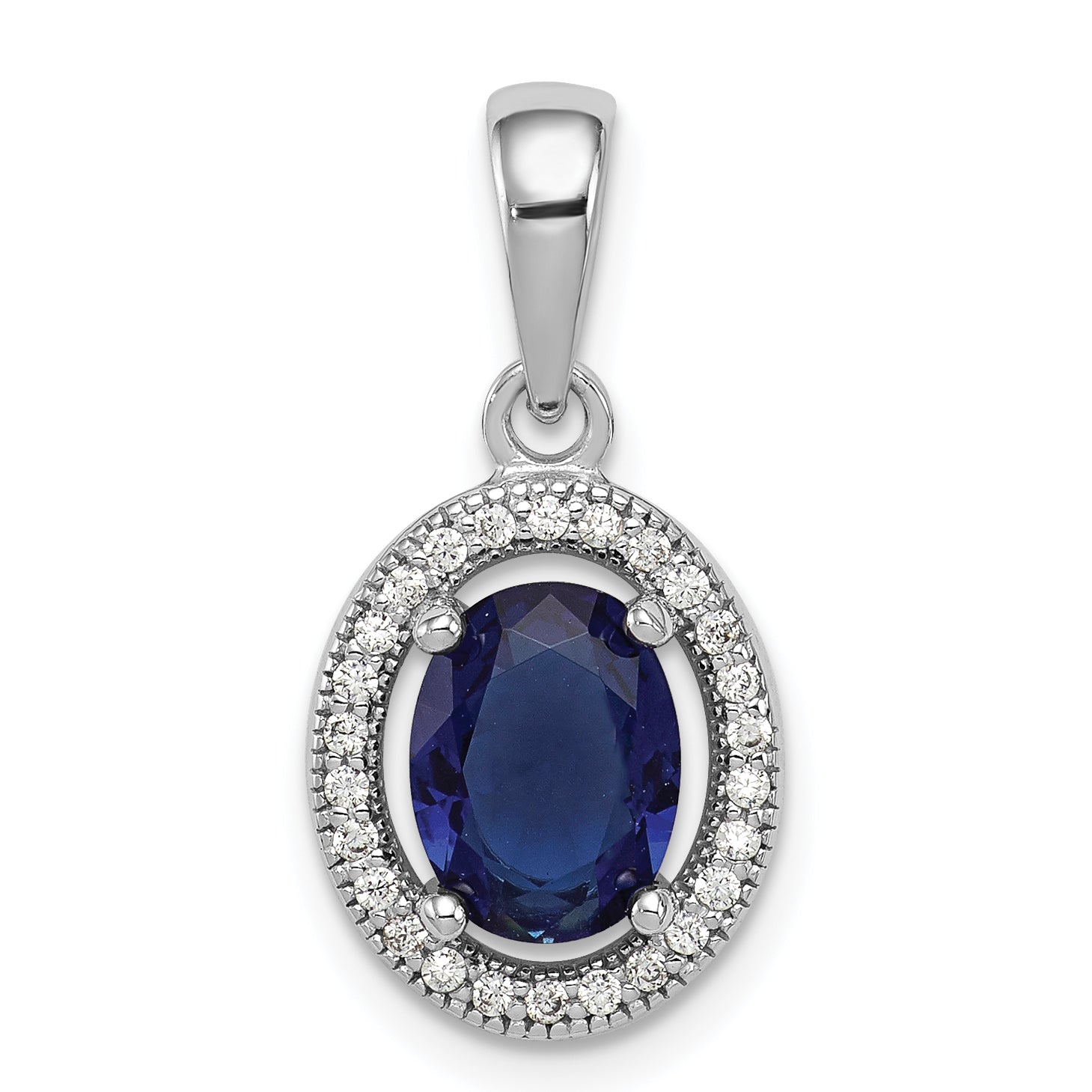 Sterling Silver Rhod-plated Dark Blue and White CZ Oval Pendant