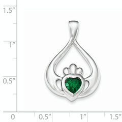 Sterling Silver Green CZ Heart Claddagh Pendant