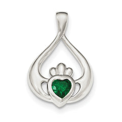 Sterling Silver Rhodium-plated Green CZ Heart Claddagh Pendant