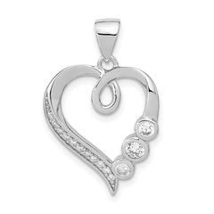 Sterling Silver Rhodium-plated Polished Open Heart CZ Pendant