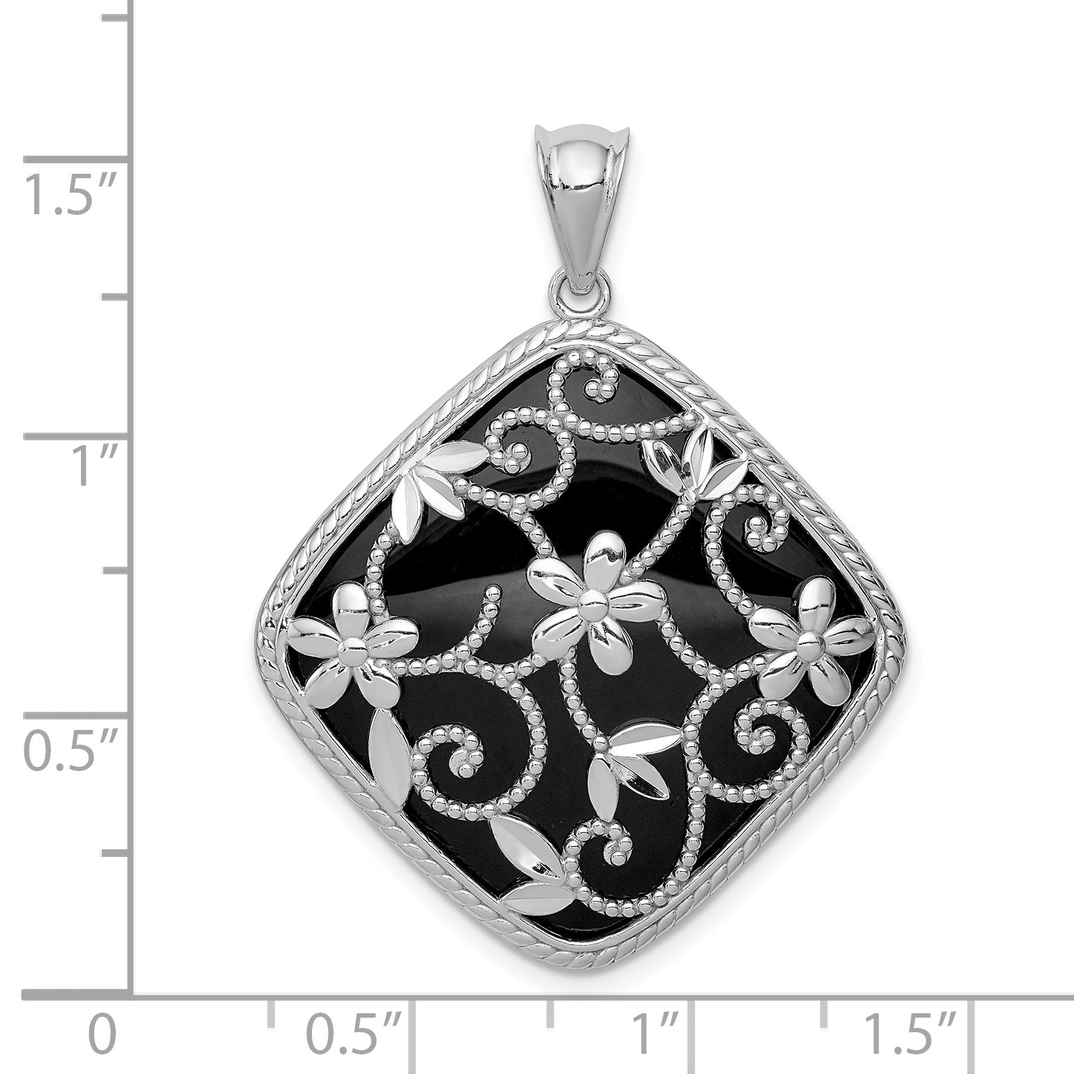 Sterling Silver Rhodium-plated Textured and D/C Onyx Pendant