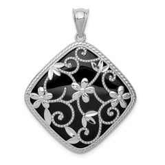 Sterling Silver Rhodium-plated Filigree Floral Diamond Cut Onyx Diamond Shape Dangle Pendant