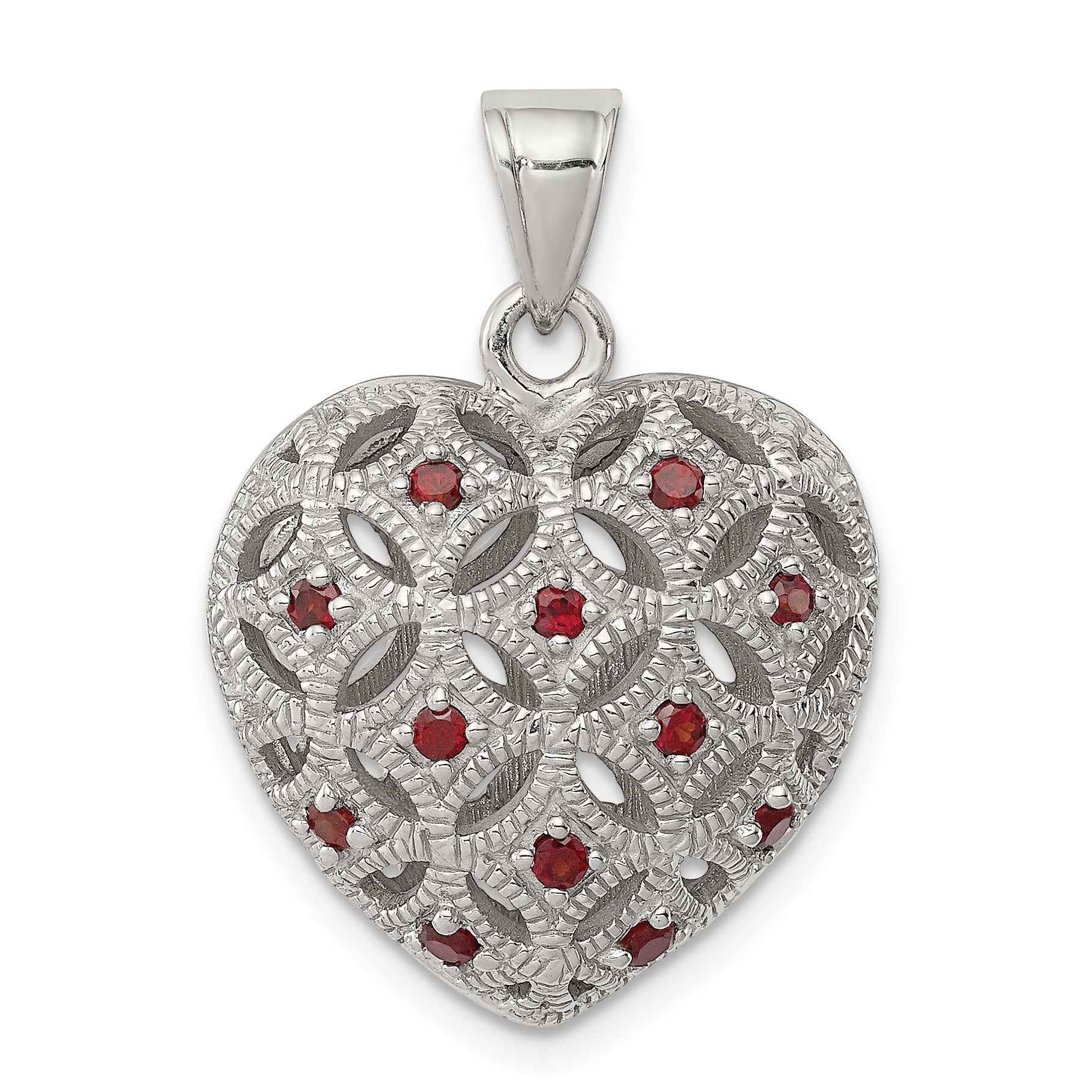 Sterling Silver Rhodium-plated w/Garnet Heart Pendant