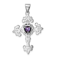 Sterling Silver Rhodium-plated w/Amethyst Cross Pendant