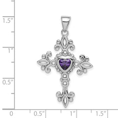 Sterling Silver Rhodium-plated w/Amethyst Cross Pendant