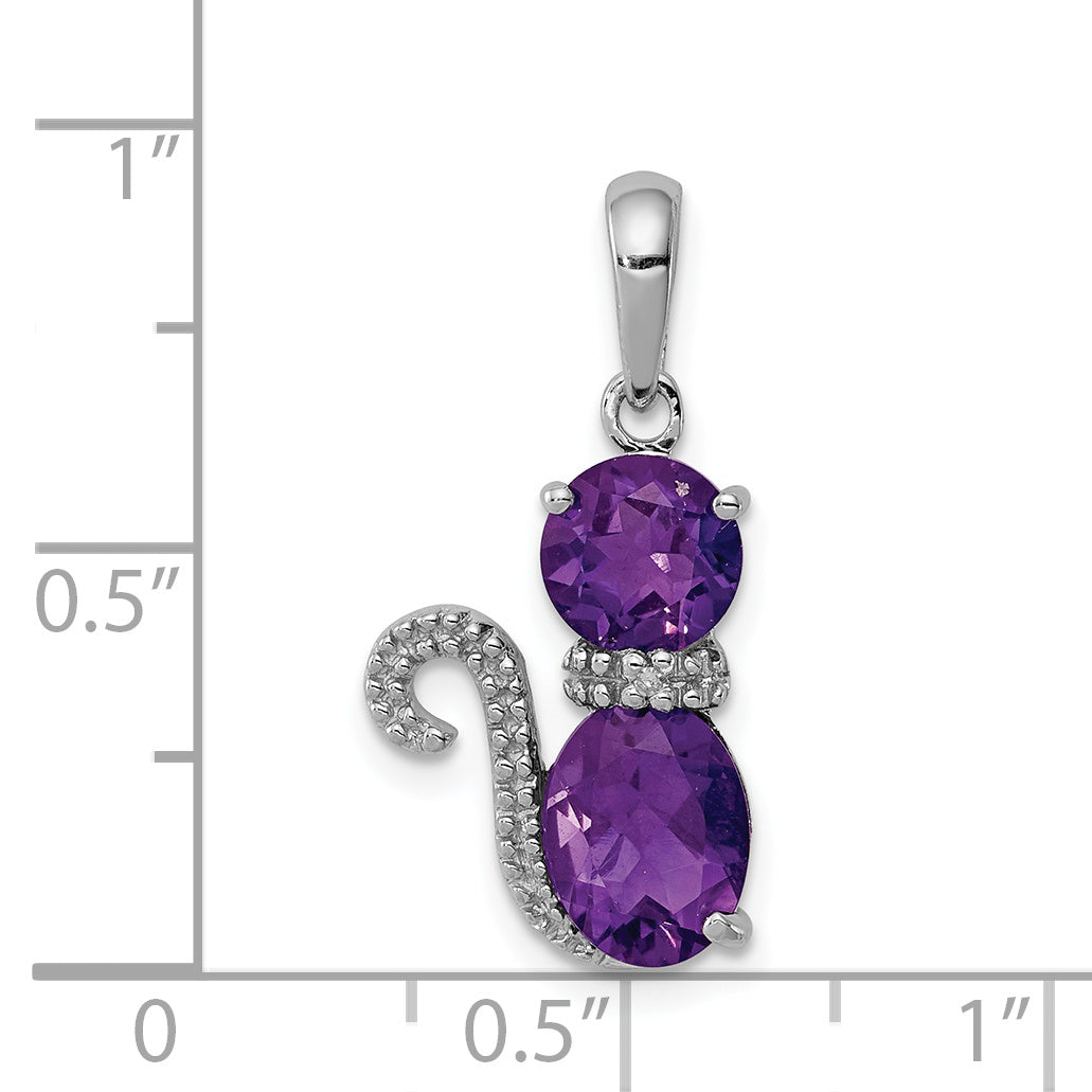 Sterling Silver Rhodium-plated Amethyst and Diamond Cat Pendant