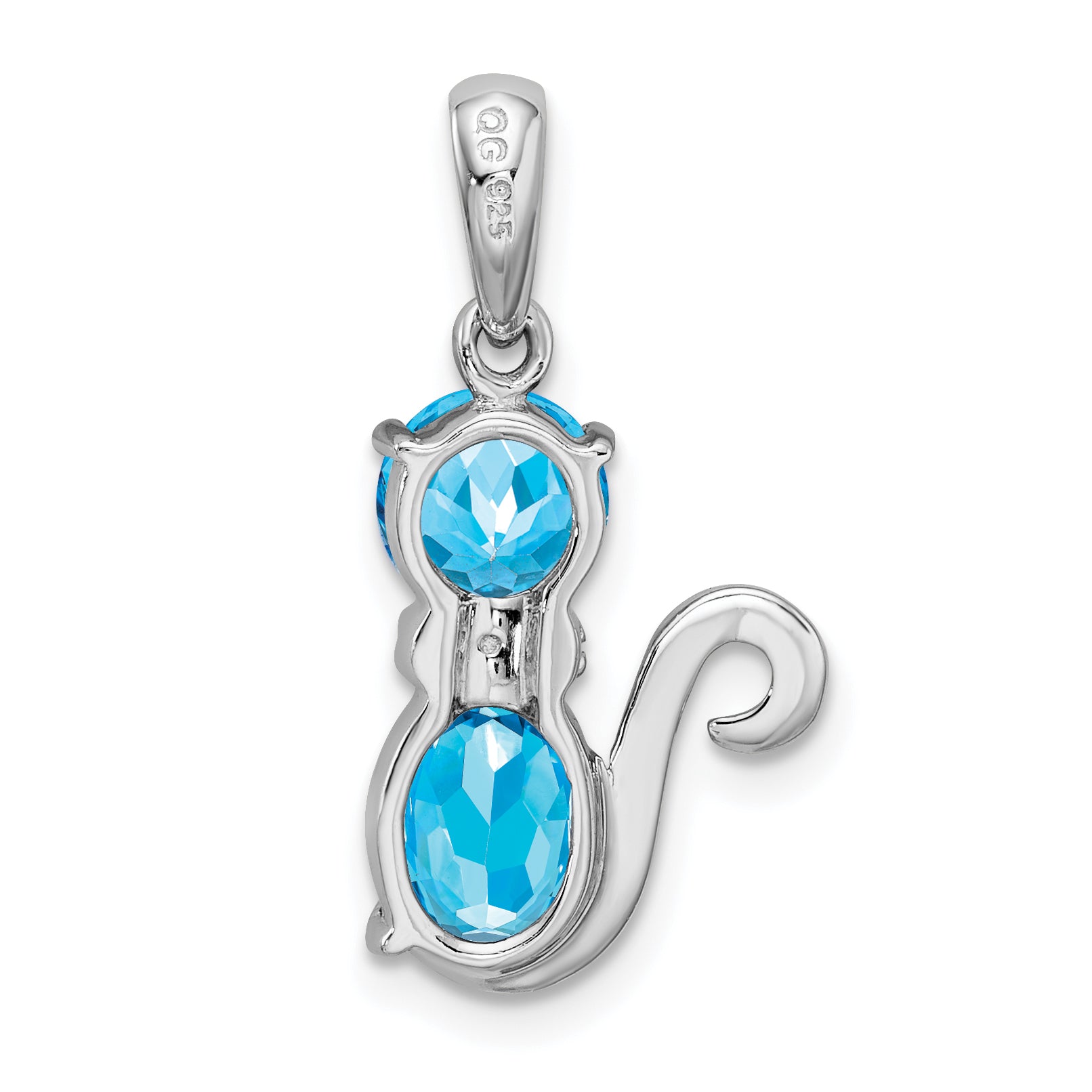 Sterling Silver Rhodium-plated Blue Topaz and Diamond Cat Pendant