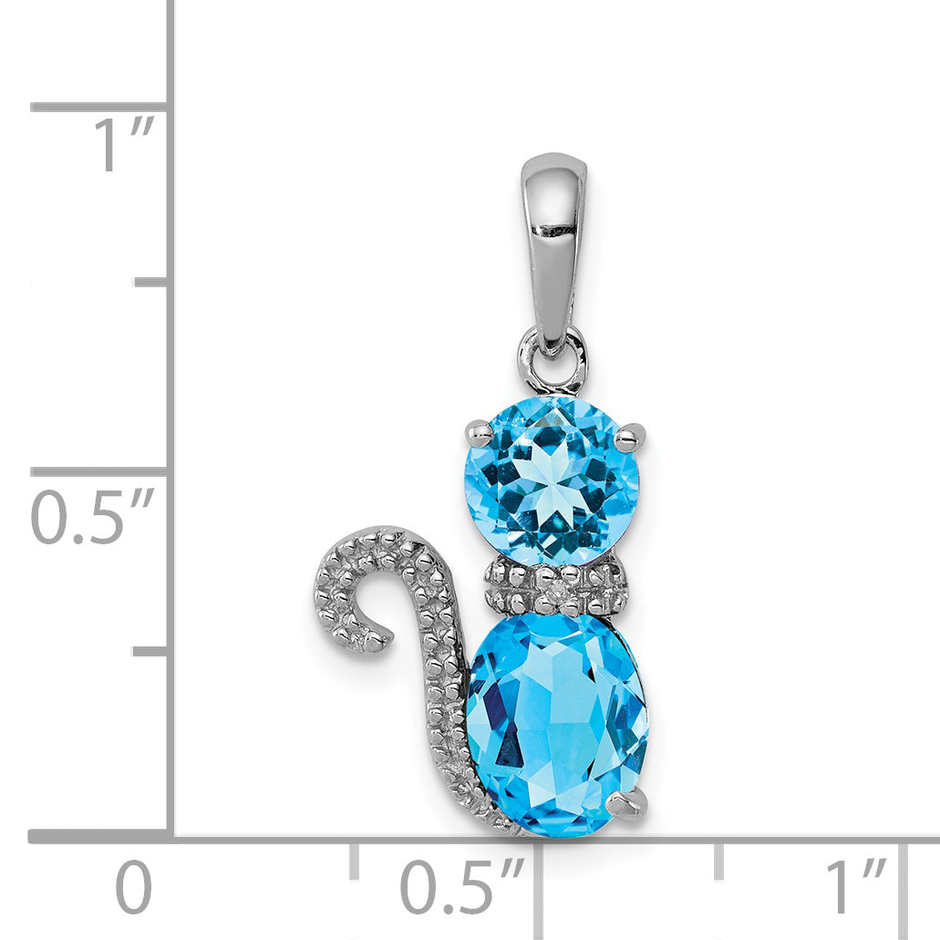 Sterling Silver Rhodium-plated Blue Topaz and Diamond Cat Pendant