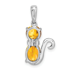 Sterling Silver Rhodium-plated Citrine and Diamond Cat Pendant