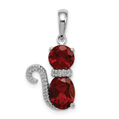 Sterling Silver Rhodium-plated Garnet and Diamond Cat Pendant