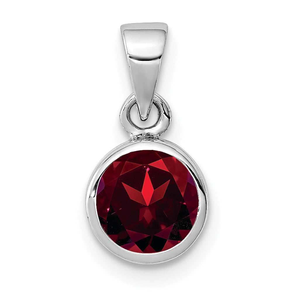 Sterling Silver Rhodium-plated Polished Garnet Round Pendant