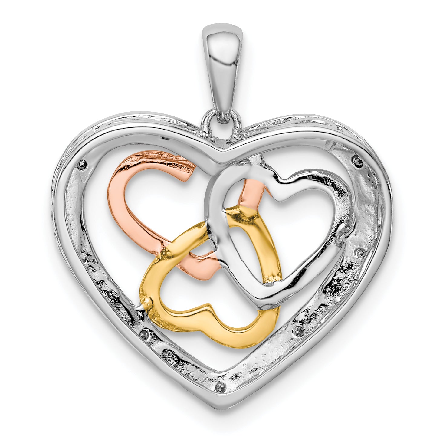 Sterling Silver Rhodium w/White & Rose Gold Plating Diam. Heart Pendant