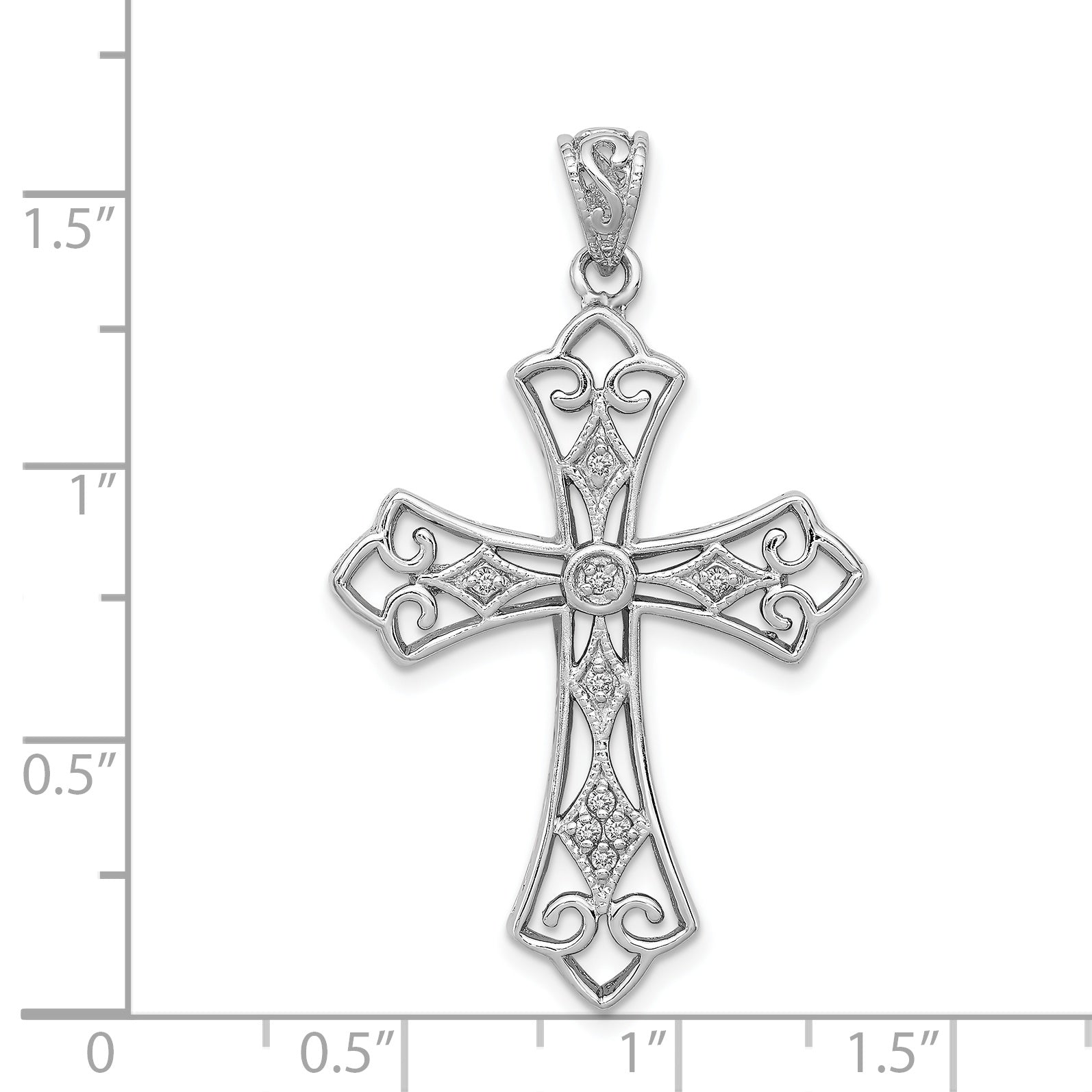 Sterling Silver Rhodium & Diam. Filigree Cross Pendant