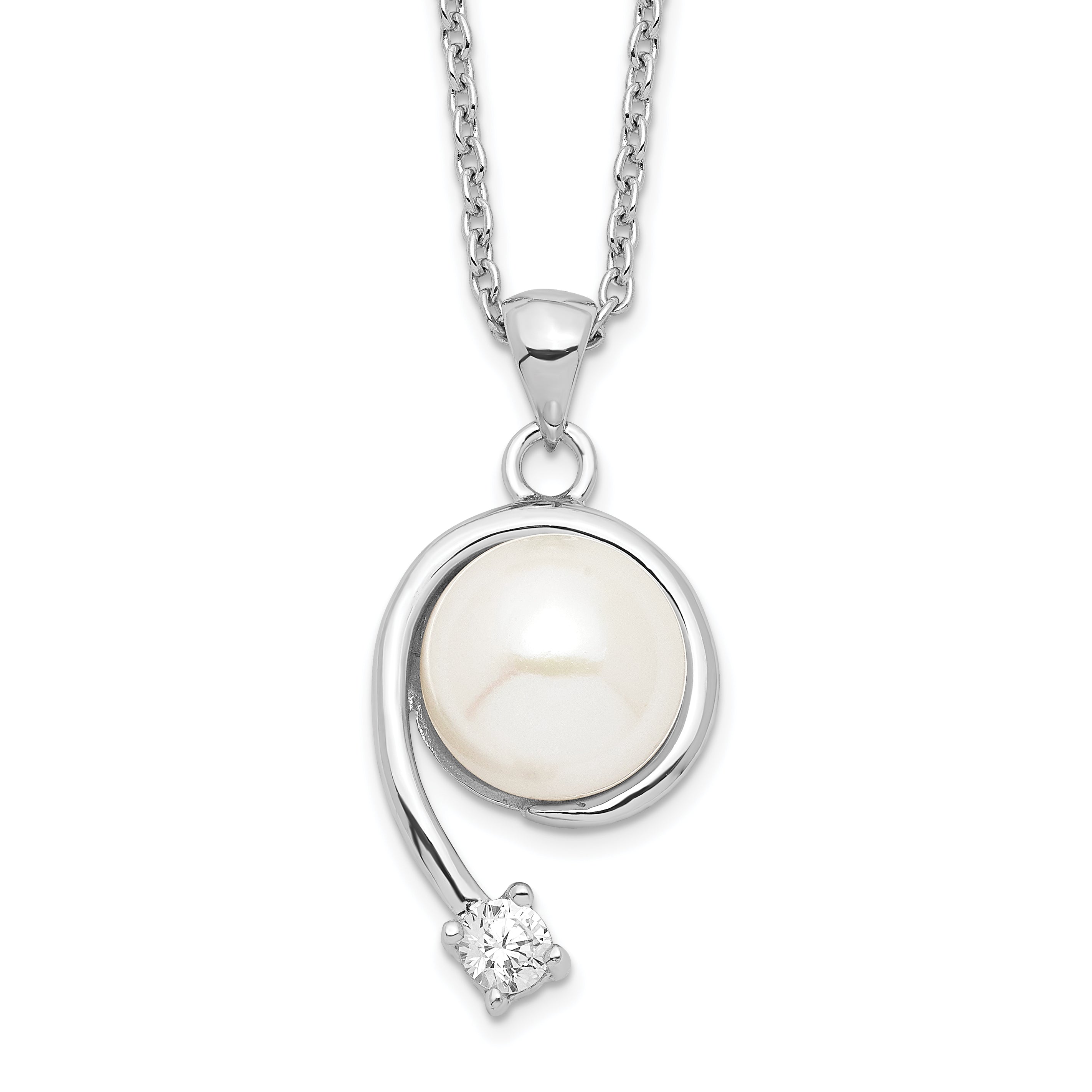 Sterling Silver Rhodium-plated 8-9mm White FWC Pearl CZ Pendant Necklace