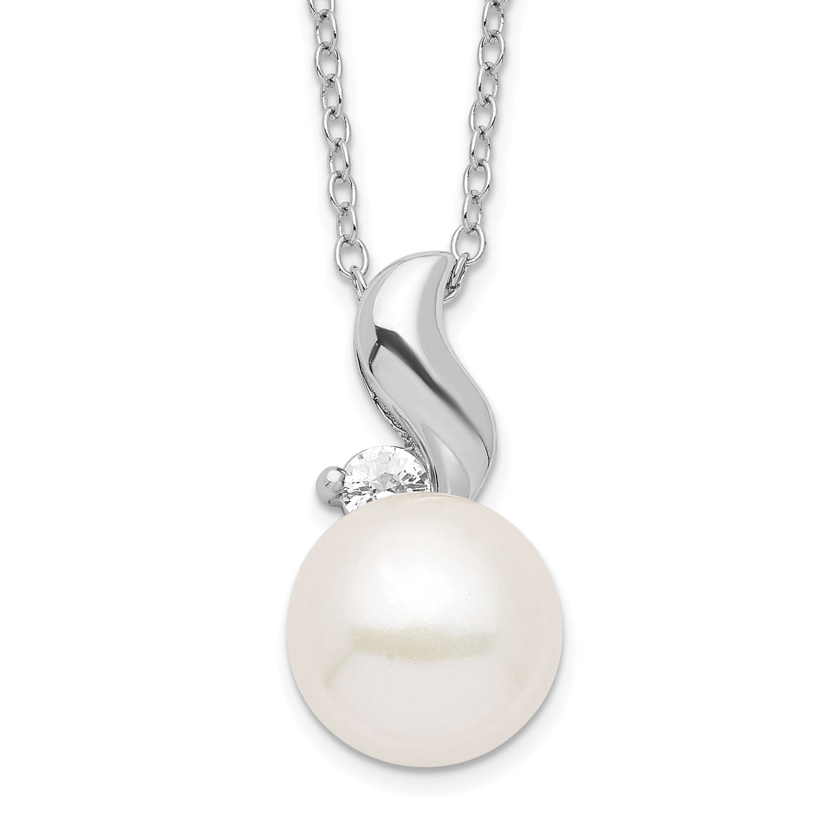 Sterling Silver Rhodium 9-10mm White FWC Pearl CZ Necklace