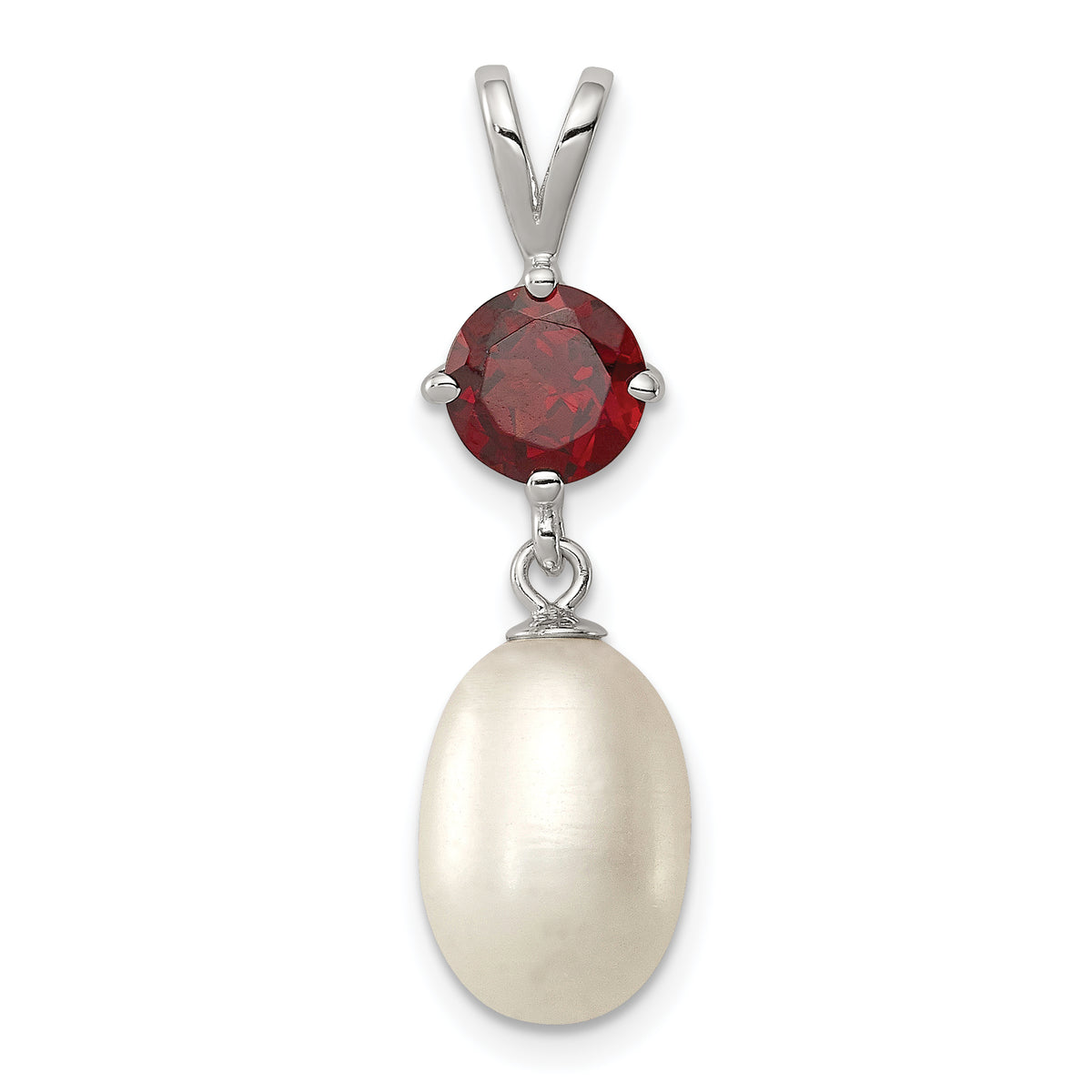 Sterling Silver Rhodium-plated Garnet 8-9mm FWC Pearl Teardrop Pendant