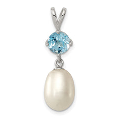 Sterling Silver Rhodium-plated Blue Topaz 8-9mm FWC Pearl Teardrop Pendant