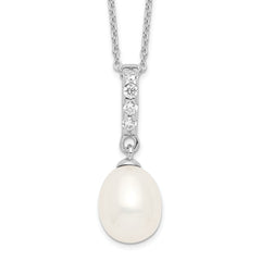 Sterling Silver Rhodium-plated 8-9mm White FWC Pearl CZ Necklace