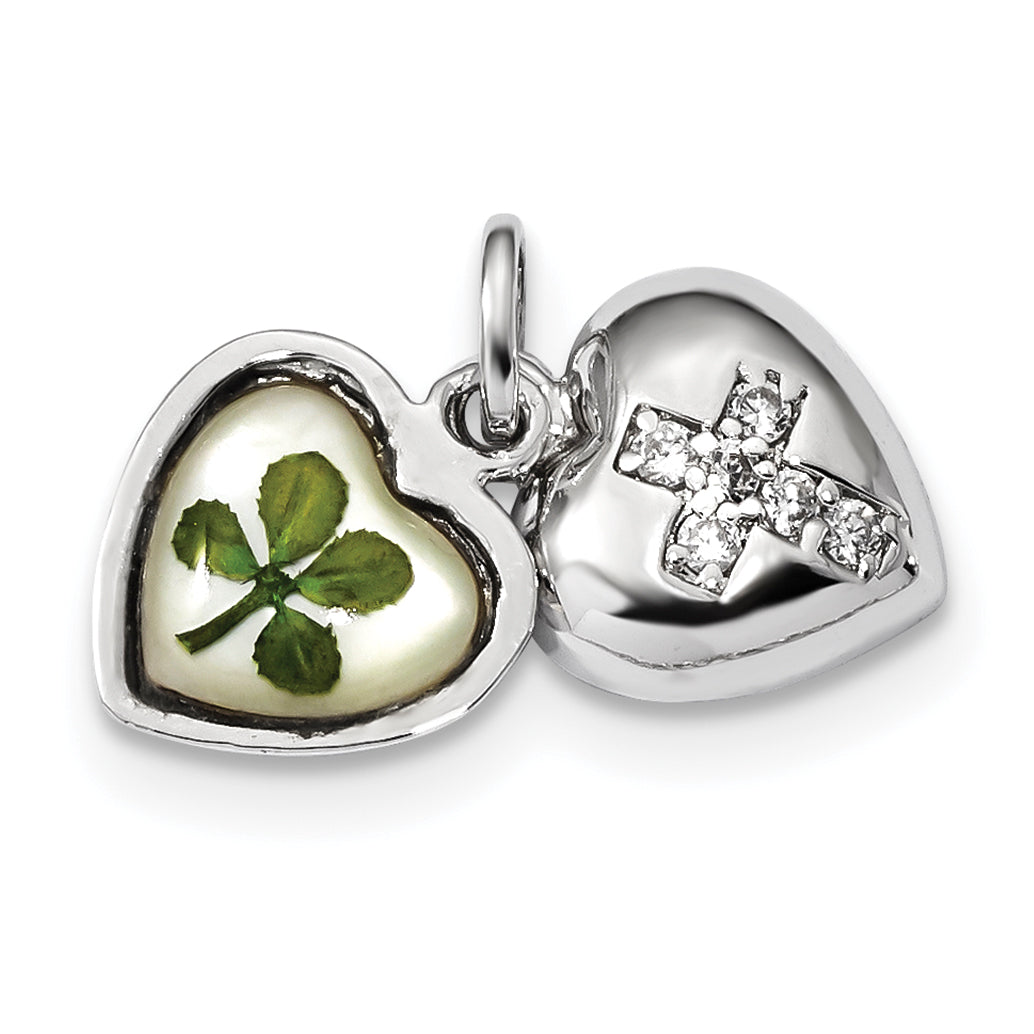 Sterling Silver Platinum Plate Leaf Clover Epoxy & Shell CZ Heart Charm