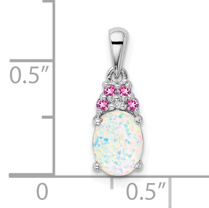 Sterling Silver Rhodium-plate Dia. Cr.Pink Sapp. Simulated Opal Pendant