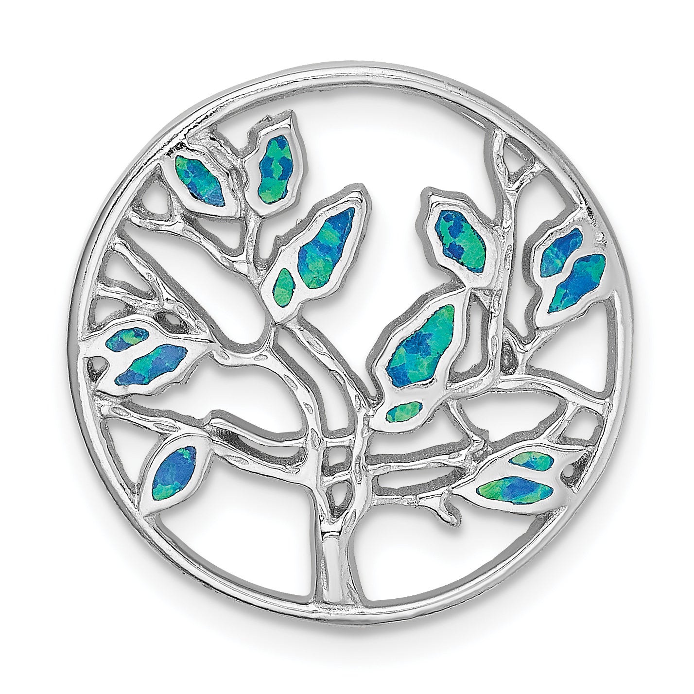 Sterling Silver Rhodium-plated Blue Created Opal Tree Pendant