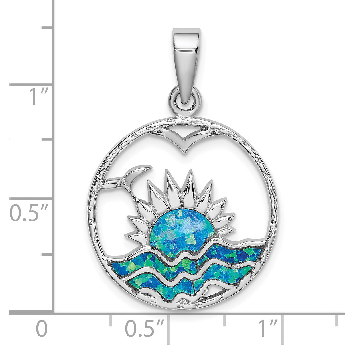 Sterling Silver Rhodium-plated Blue Inlay Created Opal Sunrise Pendant