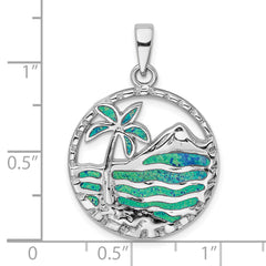 Sterling Silver Rhodium-plated Blue Created Opal Palm Tree Ocean Pendant