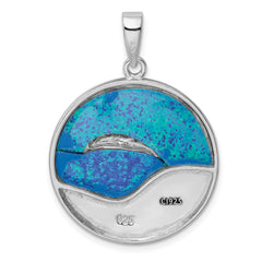 Sterling Silver Rhodium-plated Blue Inlay Created Opal Dolphins Pendant