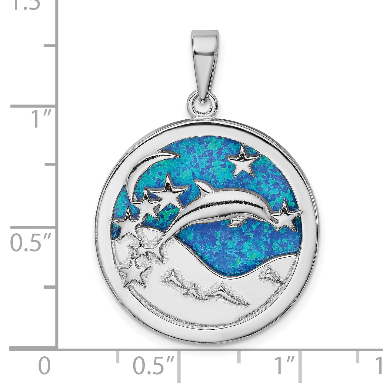 Sterling Silver Rhodium-plated Blue Inlay Created Opal Dolphins Pendant