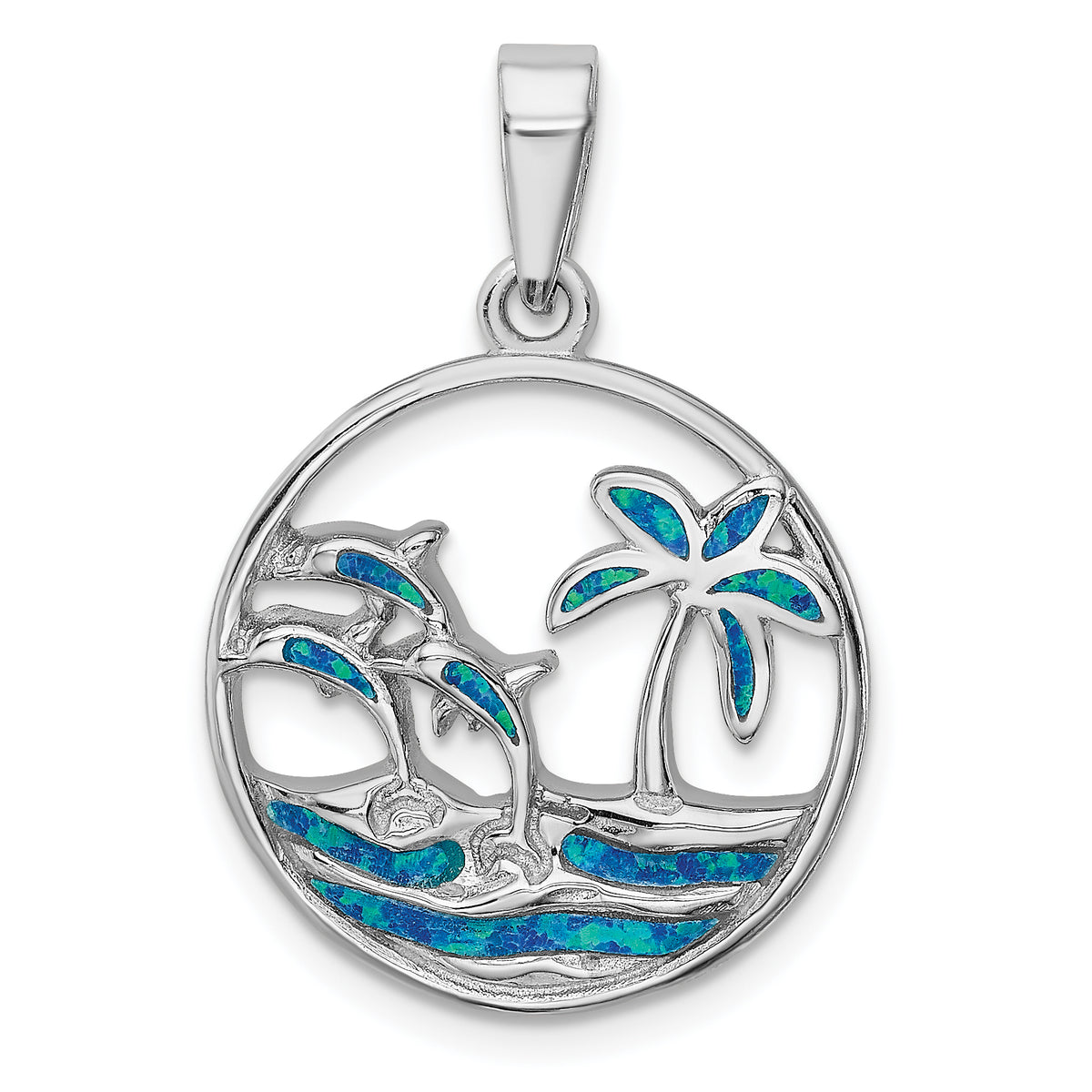 Sterling Silver Rhod-plated Blue Created Opal Dolphins Pendant