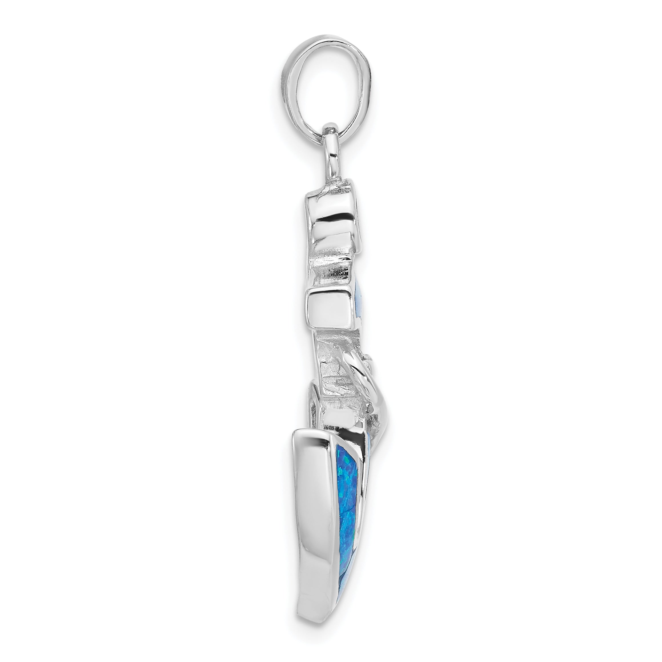 Sterling Silver Rhodium-plated Blue Created Opal & CZ Anchor Pendant