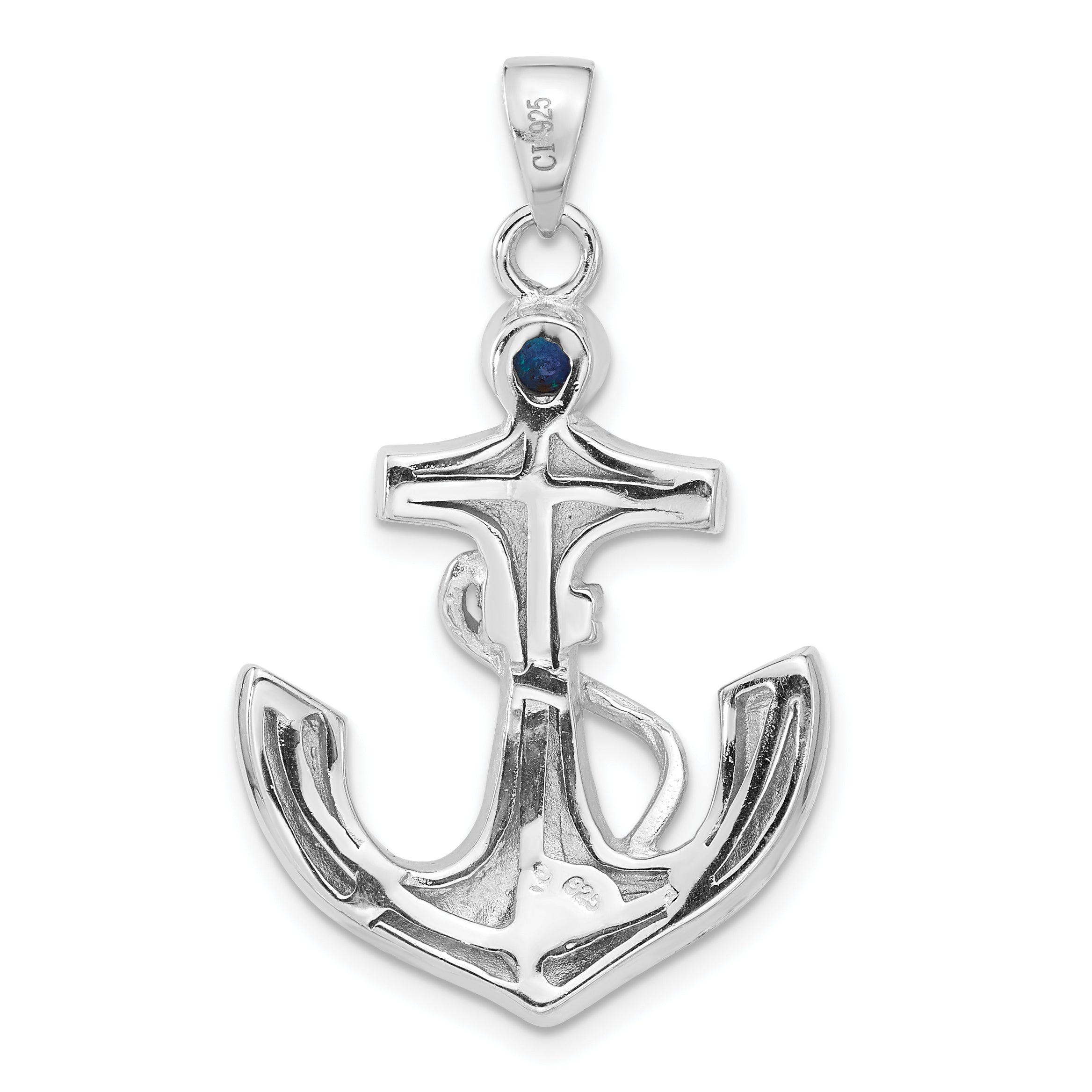 Sterling Silver Rhodium-plated Blue Created Opal & CZ Anchor Pendant