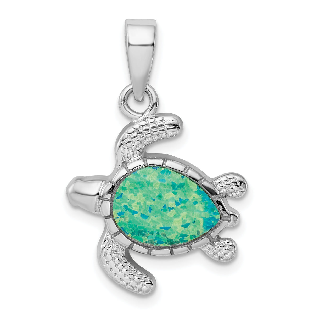 Sterling Silver Rhodium-plated Green Inlay Created Opal Turtle Pendant