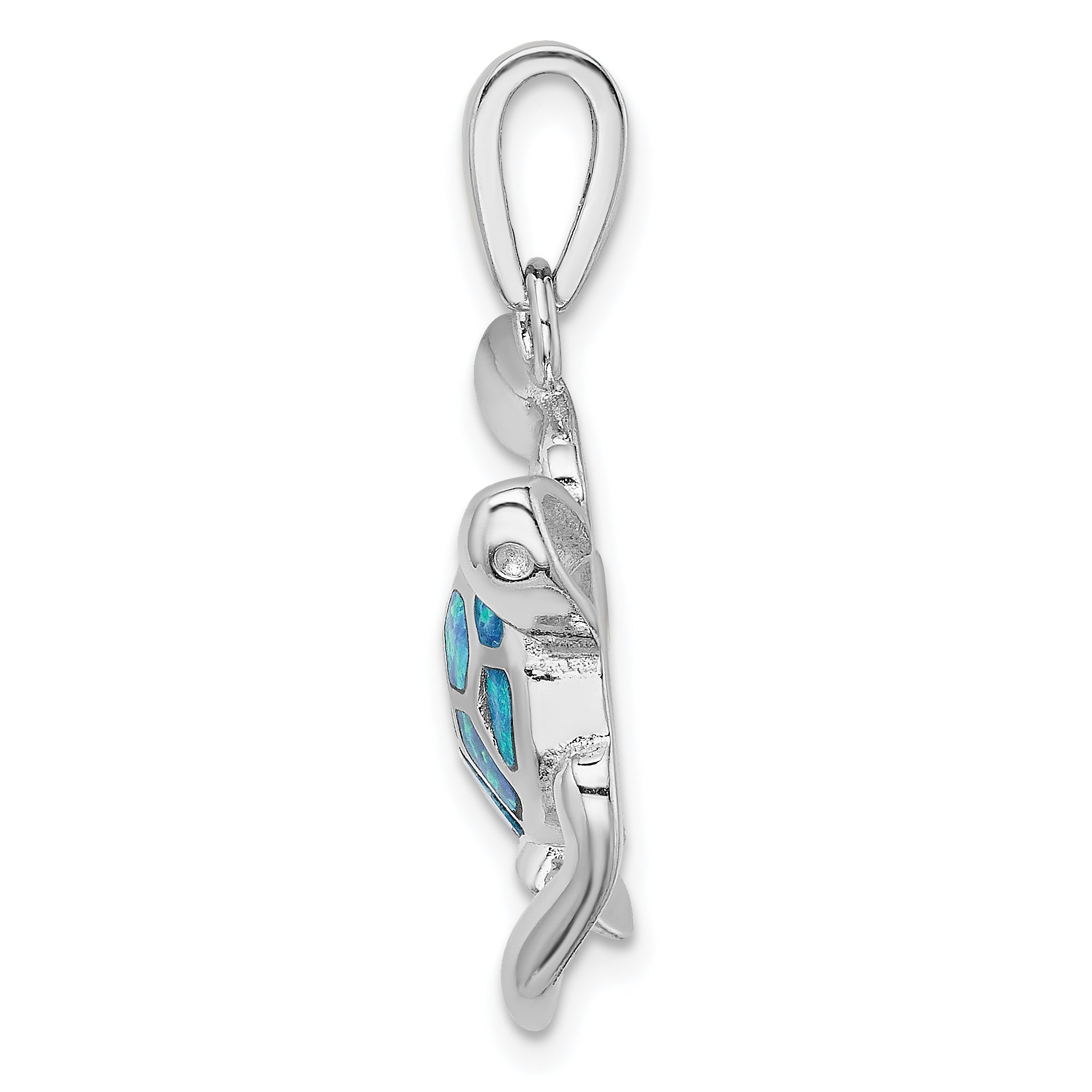 Sterling Silver Rhodium-plated Blue Inlay Created Opal Turtle Pendant