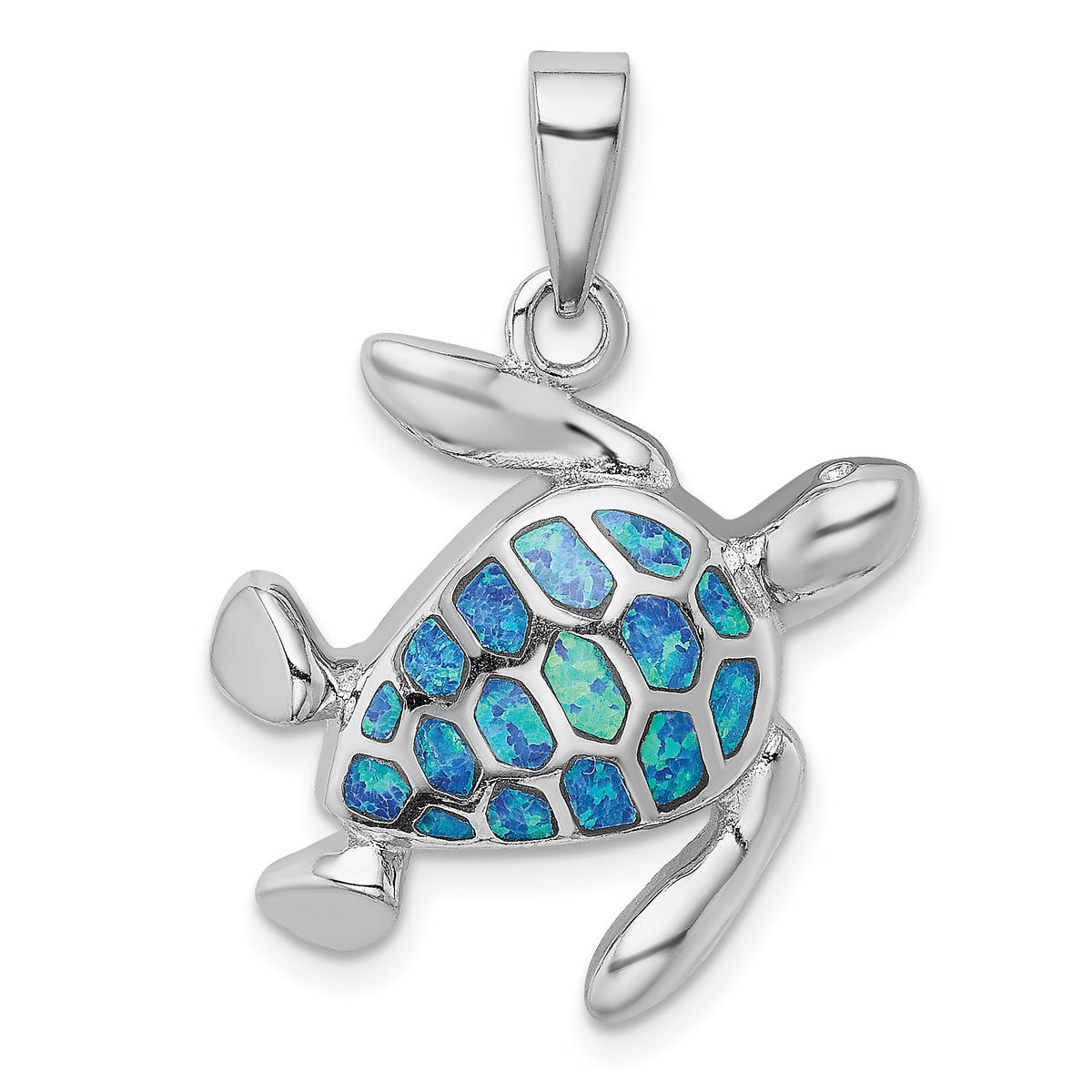 Sterling Silver Rhodium-plated Blue Inlay Created Opal Turtle Pendant