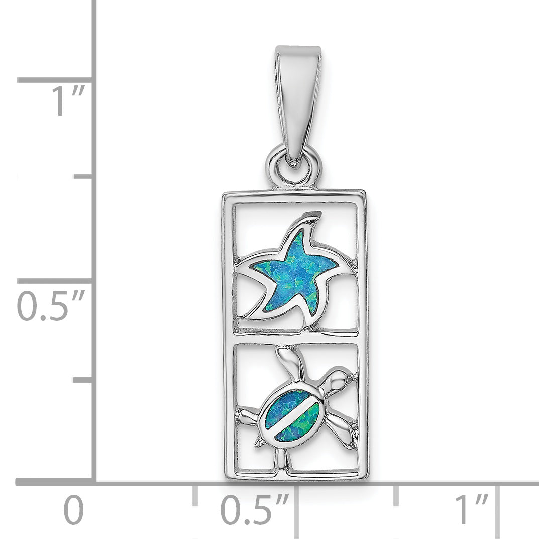 Sterling Silver Rhodium-plated Blue Created Opal Starfish Turtle Pendant